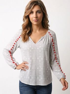 SUNDANCE | Gray White Patterned V-Neck Top with Orange Pom Trim Women’s Size M